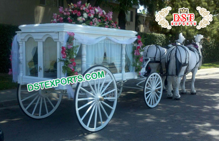 White Hearse with Pink Flowers Horse Buggy